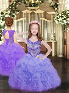 Trendy Lavender Pageant Dress Toddler Party and Quinceanera with Beading and Ruffles and Pick Ups Scoop Sleeveless Lace Up