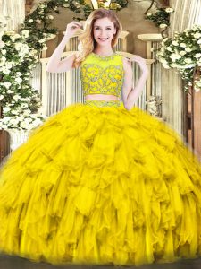 Floor Length Zipper Quince Ball Gowns Gold for Military Ball and Sweet 16 and Quinceanera with Beading and Ruffles