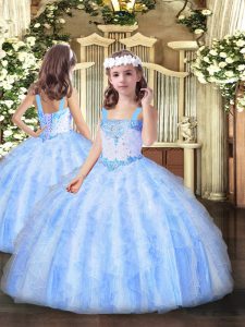 Light Blue Organza Lace Up Straps Sleeveless Floor Length Pageant Dress Wholesale Beading and Ruffles