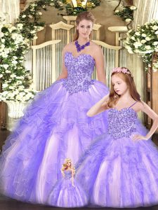 Affordable Lavender Ball Gowns Organza Sweetheart Sleeveless Beading and Ruffles Floor Length Lace Up Vestidos de Quinceanera