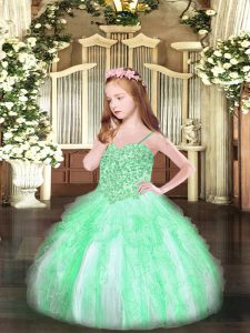 Spaghetti Straps Sleeveless Pageant Dress Toddler Floor Length Appliques and Ruffles Apple Green Organza