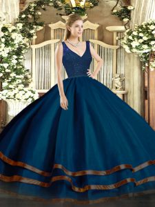 V-neck Sleeveless Ball Gown Prom Dress Floor Length Beading and Ruffled Layers Navy Blue Tulle