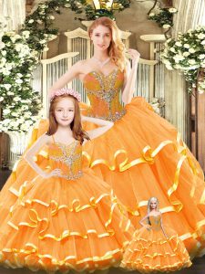 Custom Fit Floor Length Lace Up Quince Ball Gowns Orange Red for Military Ball and Sweet 16 and Quinceanera with Beading and Ruffled Layers