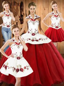 Floor Length Ball Gowns Sleeveless White And Red Quinceanera Dress Lace Up