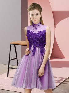 Dazzling Lilac High-neck Lace Up Appliques Dama Dress Sleeveless