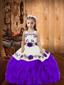 Exquisite Embroidery and Ruffles Little Girls Pageant Dress Wholesale Eggplant Purple Lace Up Sleeveless Floor Length