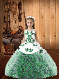 Pretty Fabric With Rolling Flowers Sleeveless Floor Length Pageant Gowns and Embroidery and Ruffles