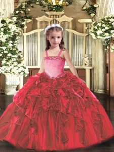 High End Appliques and Ruffles Little Girl Pageant Dress Red Lace Up Sleeveless Floor Length