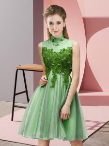 Tulle High-neck Sleeveless Lace Up Appliques Vestidos de Damas in Apple Green