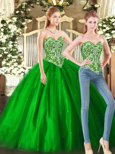 Glittering Green Ball Gowns Sweetheart Sleeveless Tulle Floor Length Lace Up Beading 15 Quinceanera Dress