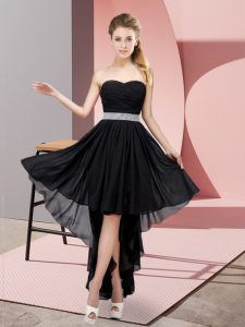 Black A-line Beading Court Dresses for Sweet 16 Lace Up Chiffon Sleeveless High Low