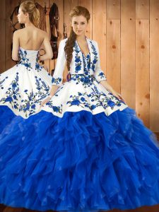 Blue 15th Birthday Dress Military Ball and Sweet 16 and Quinceanera with Embroidery and Ruffles Sweetheart Sleeveless Lace Up