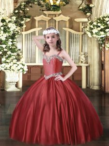 Hot Sale Satin Straps Sleeveless Lace Up Beading Winning Pageant Gowns in Wine Red