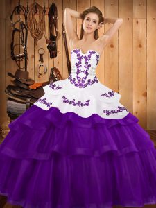 Purple Sleeveless Sweep Train Embroidery and Ruffled Layers Sweet 16 Dresses