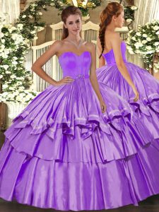 Most Popular Lilac Organza and Taffeta Lace Up Quince Ball Gowns Sleeveless Floor Length Beading and Ruffled Layers