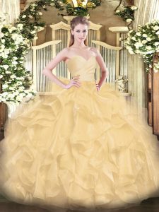 Gold Sleeveless Beading and Ruffles Floor Length Vestidos de Quinceanera