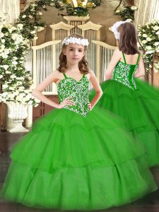 Green Ball Gowns Beading and Ruffled Layers Little Girl Pageant Gowns Lace Up Organza Sleeveless Floor Length
