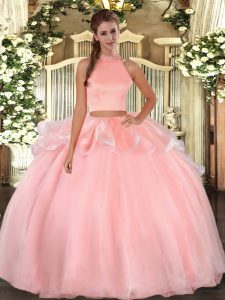 Vintage Floor Length Backless Sweet 16 Dresses Pink for Military Ball and Sweet 16 and Quinceanera with Beading