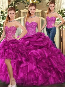 Popular Floor Length Lace Up Sweet 16 Quinceanera Dress Fuchsia for Military Ball and Sweet 16 and Quinceanera with Beading and Ruffles
