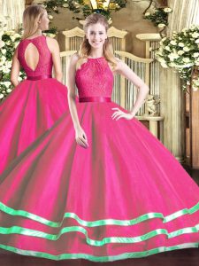 Best Floor Length Hot Pink Quinceanera Gowns Scoop Sleeveless Zipper