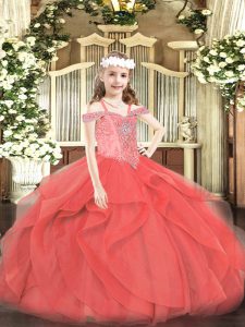 Off The Shoulder Sleeveless Tulle Pageant Gowns Beading and Ruffles Lace Up