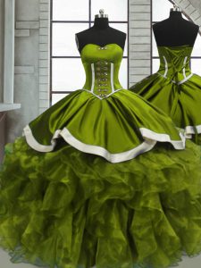 Discount Floor Length Lace Up Ball Gown Prom Dress Olive Green for Sweet 16 and Quinceanera with Beading and Ruffles