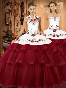 Wine Red Ball Gowns Embroidery and Ruffled Layers Quinceanera Gowns Lace Up Organza Sleeveless