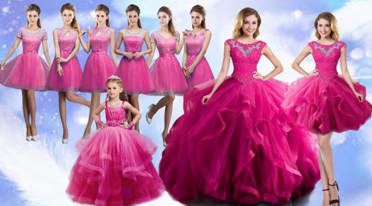 Glorious Sleeveless Floor Length Beading and Ruffles Lace Up Quinceanera Gowns with Fuchsia