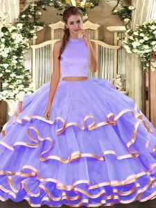 Spectacular Lavender Backless Halter Top Beading and Ruffled Layers Quinceanera Dress Organza Sleeveless