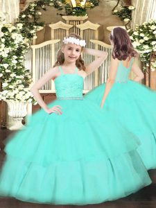 Trendy Floor Length Apple Green Pageant Dress for Girls Organza Sleeveless Beading and Lace and Ruffled Layers