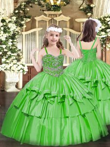 Hot Sale Green Ball Gowns Straps Sleeveless Organza Floor Length Lace Up Beading and Ruffled Layers Pageant Dress for Teens