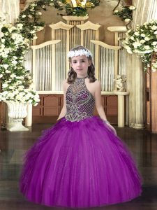 Purple Ball Gowns Halter Top Sleeveless Tulle Floor Length Lace Up Beading and Ruffles High School Pageant Dress