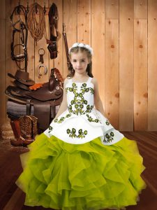 Olive Green Lace Up Straps Embroidery and Ruffles Pageant Dress for Teens Organza Sleeveless