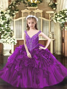 Purple V-neck Lace Up Beading and Ruffles Child Pageant Dress Sleeveless