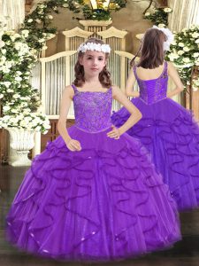 Perfect Purple Lace Up Straps Beading and Ruffles Kids Pageant Dress Tulle Sleeveless