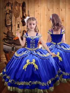 Off The Shoulder Sleeveless Lace Up Pageant Dress Womens Royal Blue Satin