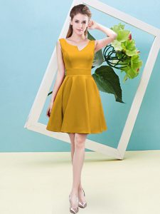 Custom Made Gold A-line Asymmetric Sleeveless Satin Mini Length Zipper Ruching Dama Dress