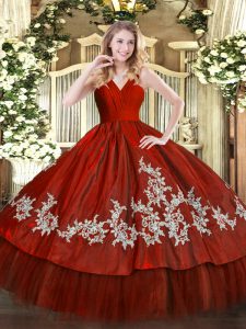 High Class Wine Red Sleeveless Embroidery Floor Length Quince Ball Gowns