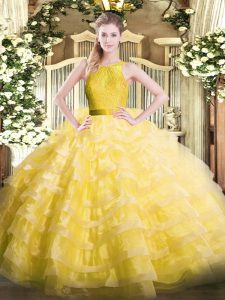 Fantastic Yellow 15 Quinceanera Dress Military Ball and Sweet 16 and Quinceanera with Ruffled Layers Scoop Sleeveless Zipper