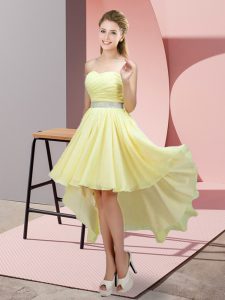 Edgy Yellow A-line Beading Quinceanera Dama Dress Lace Up Chiffon Sleeveless High Low