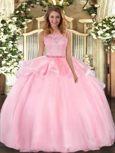 Stylish Floor Length Pink Sweet 16 Dress Organza Sleeveless Lace