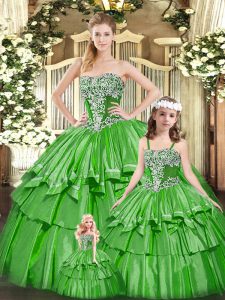 Pretty Organza Strapless Sleeveless Lace Up Beading and Ruffled Layers Sweet 16 Quinceanera Dress in Green