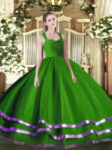 Best Selling Green Organza Zipper Quinceanera Gowns Sleeveless Floor Length Ruffled Layers and Ruching