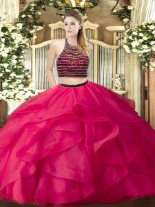Beauteous Hot Pink Ball Gowns Beading and Ruffles Quinceanera Dress Zipper Organza Sleeveless Floor Length