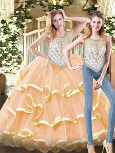 Peach Ball Gowns Beading and Ruffled Layers Quinceanera Dresses Zipper Organza Sleeveless Floor Length