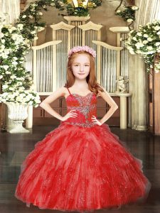 Spaghetti Straps Sleeveless Lace Up Evening Gowns Red Tulle