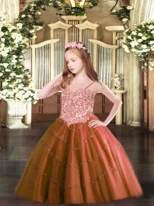 Custom Design Rust Red Ball Gowns Spaghetti Straps Sleeveless Tulle Floor Length Lace Up Appliques Pageant Dresses