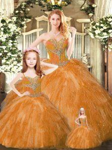 Glorious Rust Red Sweetheart Lace Up Beading and Ruffles Quinceanera Gown Sleeveless