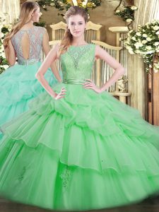 Glorious Apple Green Ball Gowns Scoop Sleeveless Tulle Floor Length Backless Beading and Ruffled Layers 15 Quinceanera Dress