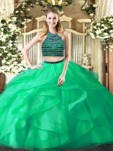 Stylish Ball Gowns Vestidos de Quinceanera Turquoise Halter Top Organza Sleeveless Floor Length Zipper